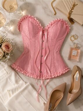 Pink Satin Jacquard Corset Top Lace Up Bustier Romantic Coquette Glam Size S